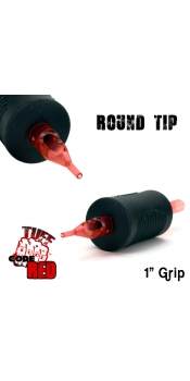 Tuff Tube® V2 Code Red- 1" Inch Sterile Black Disposable Tattoo Grips with Hard Silicon Grip and Clear Tip - 18 Round 20 Pack