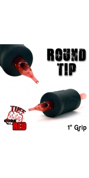 Tuff Tube® V2 Code Red- 1" Inch Sterile Black Disposable Tattoo Grips with Hard Silicon Grip and Clear Tip - 3 Round 20 Pack
