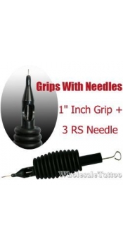 1" Inch Sterile Disposable Black Silicone Grip with Needle Combo - 3 Round Shader