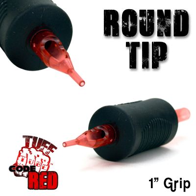 Tuff Tube® V2 Code Red- 1" Inch Sterile Black Disposable Tattoo Grips with Hard Silicon Grip and Clear Tip - 14 Round 20 Pack