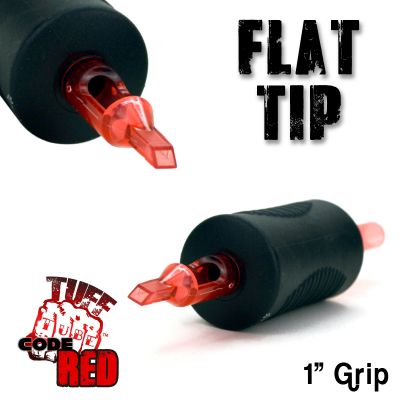 Tuff Tube® V2 Code Red- 1" Inch Sterile Black Disposable Tattoo Grips with Hard Silicon Grip and Clear Tip - 5 Flat 20 Pack