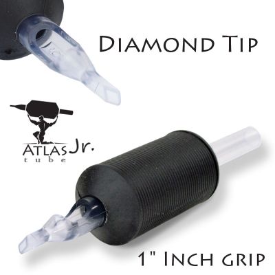 Atlas Junior™ Tube - 1" Inch Black Sterile Disposable Tattoo Grips with Clear Tip - 11 Diamond
