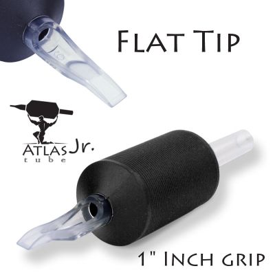 Atlas Junior™ Tube - 1" Inch Black Sterile Disposable Tattoo Grips with Clear Tip - 13 Flat