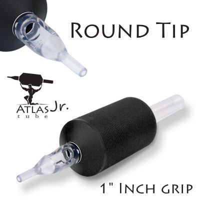 Atlas Junior™ Tube - 1" Inch Black Sterile Disposable Tattoo Grips with Clear Tip - 7 Round