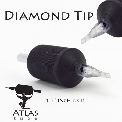 Atlas Tube™- 1.2" Inch Black Sterile Disposable Tattoo Grips with Clear Tip - 14 Diamond 15 Pack