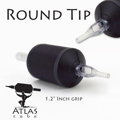 Atlas Tube™- 1.2" Inch Black Sterile Disposable Tattoo Grips with Clear Tip - 14 Round