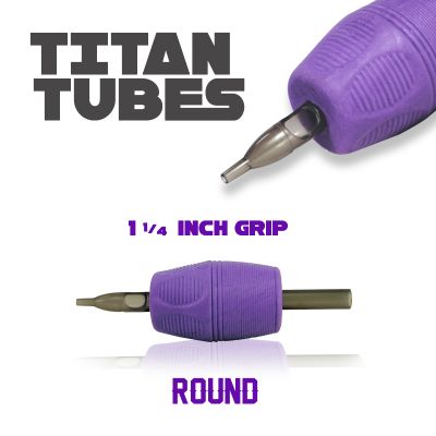 Titan™ Tube - 1.25" Inch Purple Sterile Disposable Tattoo Grips with Clear Tip - 14 Round 10 Pack